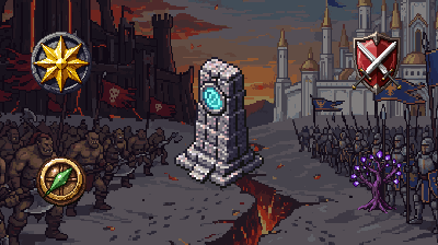 An Ancient Seal surrounded by the five Mastery ring emblems