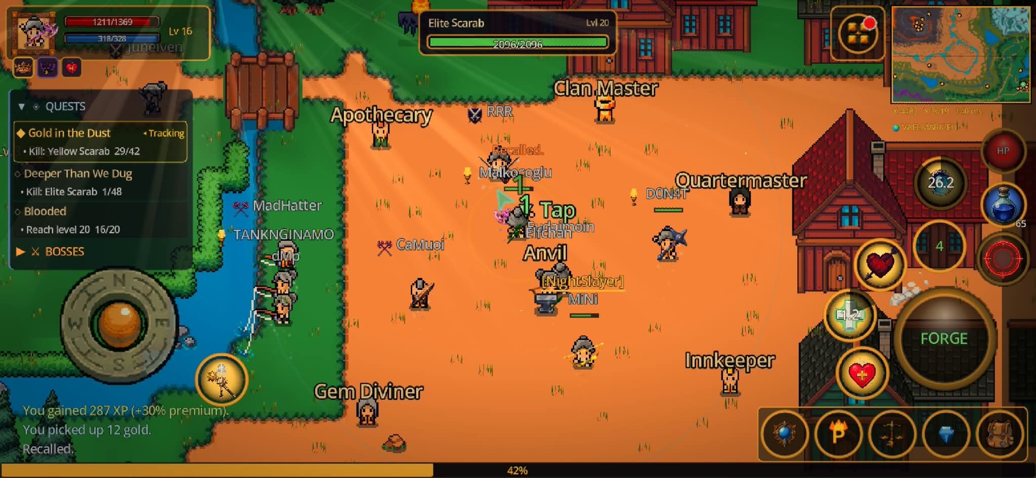 Vaelmark gameplay: a town square full of players, the quest tracker on the left and skill buttons on the right