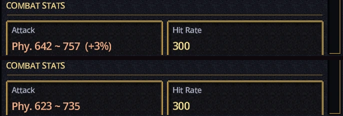 The Character window's Attack with four Shiny pieces worn, Phy. 642 to 757 plus 3 percent, and after taking them off, Phy. 623 to 735