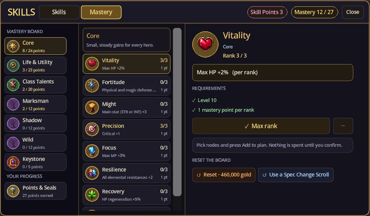 The Mastery tab: the board's rings on the left, Core nodes in the middle, Vitality's details on the right