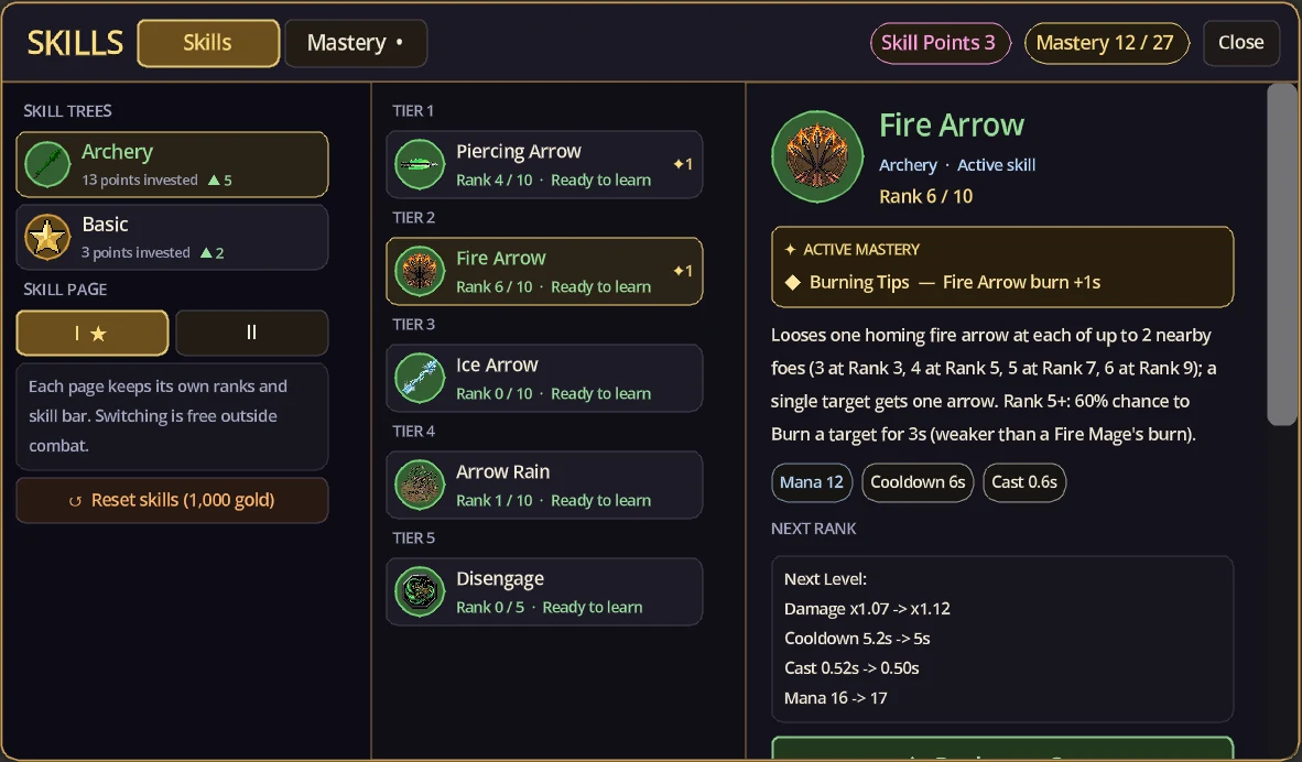 Fire Arrow on the Skills tab with an Active Mastery box: Burning Tips, Fire Arrow burn +1s